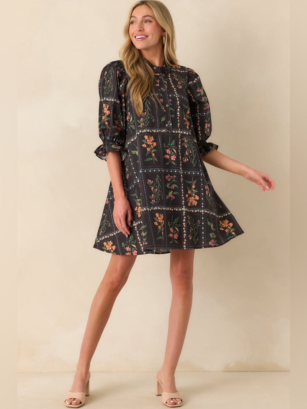 Black Floral Puff-Sleeve Swing Dress